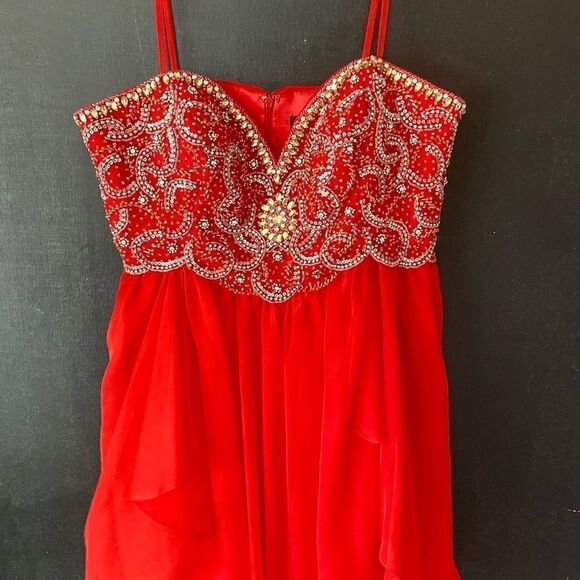 Dave & Jonny Formal Red Mini Dress prom Dress spaghetti strap sleeveless ruffles - Picture 2 of 5